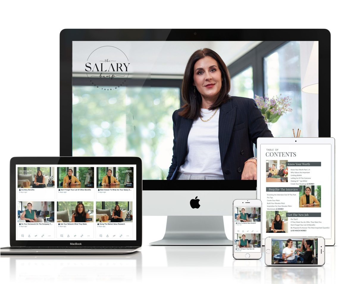 Visual of Salary Accelerator Online Course, including videos and workbooks for comprehensive learning experience.